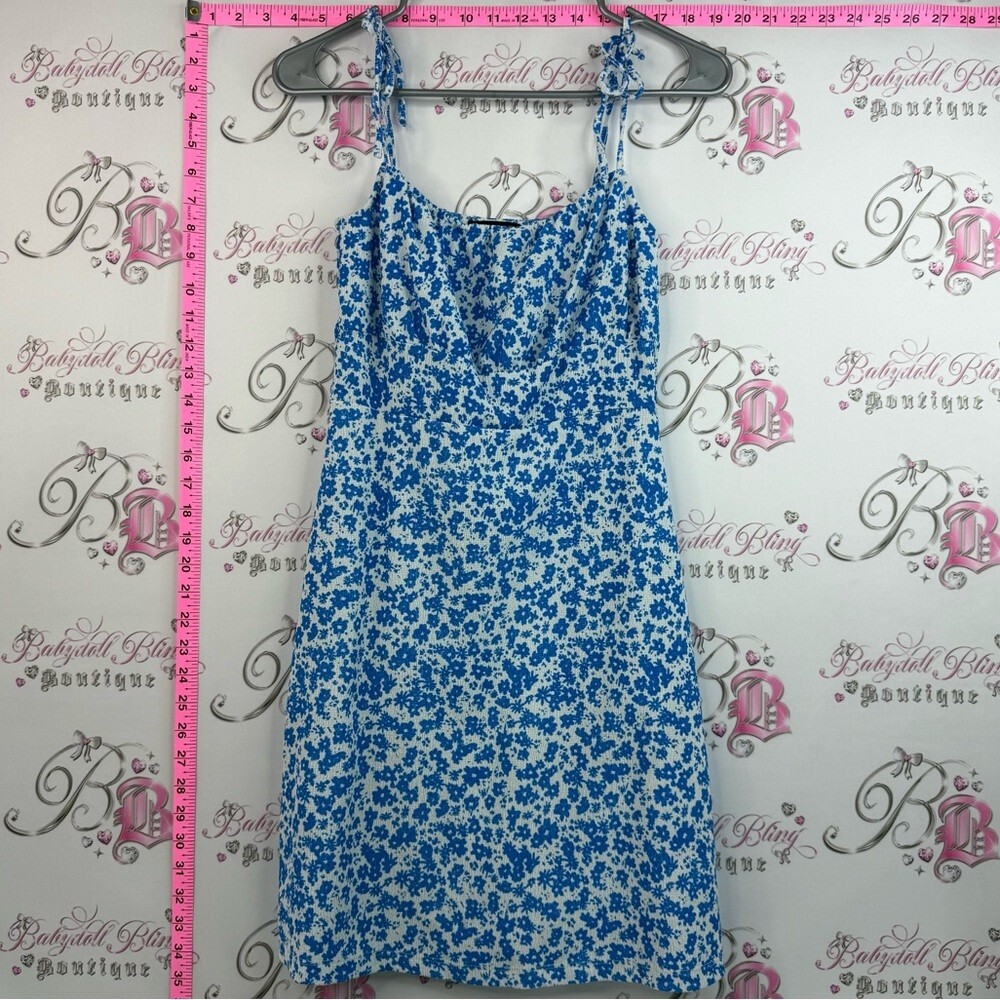 Sinsay dress flowers Blue Floral Slip Mini Dress with Tie Straps milkmaid